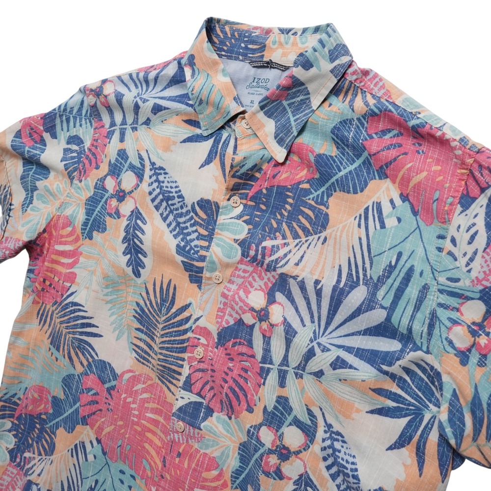 IZOD Saltwater Mens XL Blue‎ Pink Tropical Button Shirt Foliage Cotton